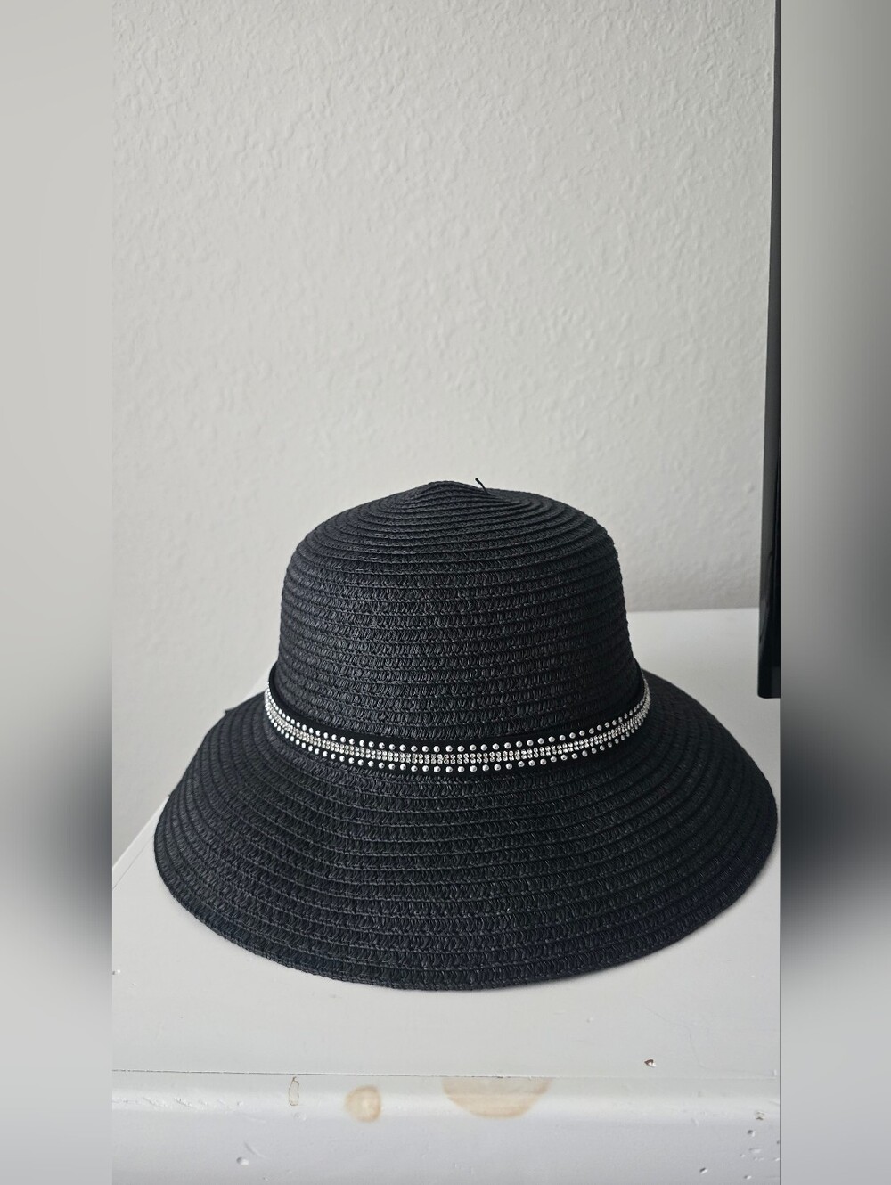 Black Wide-Brim Straw Sun Hat with Decorative Band